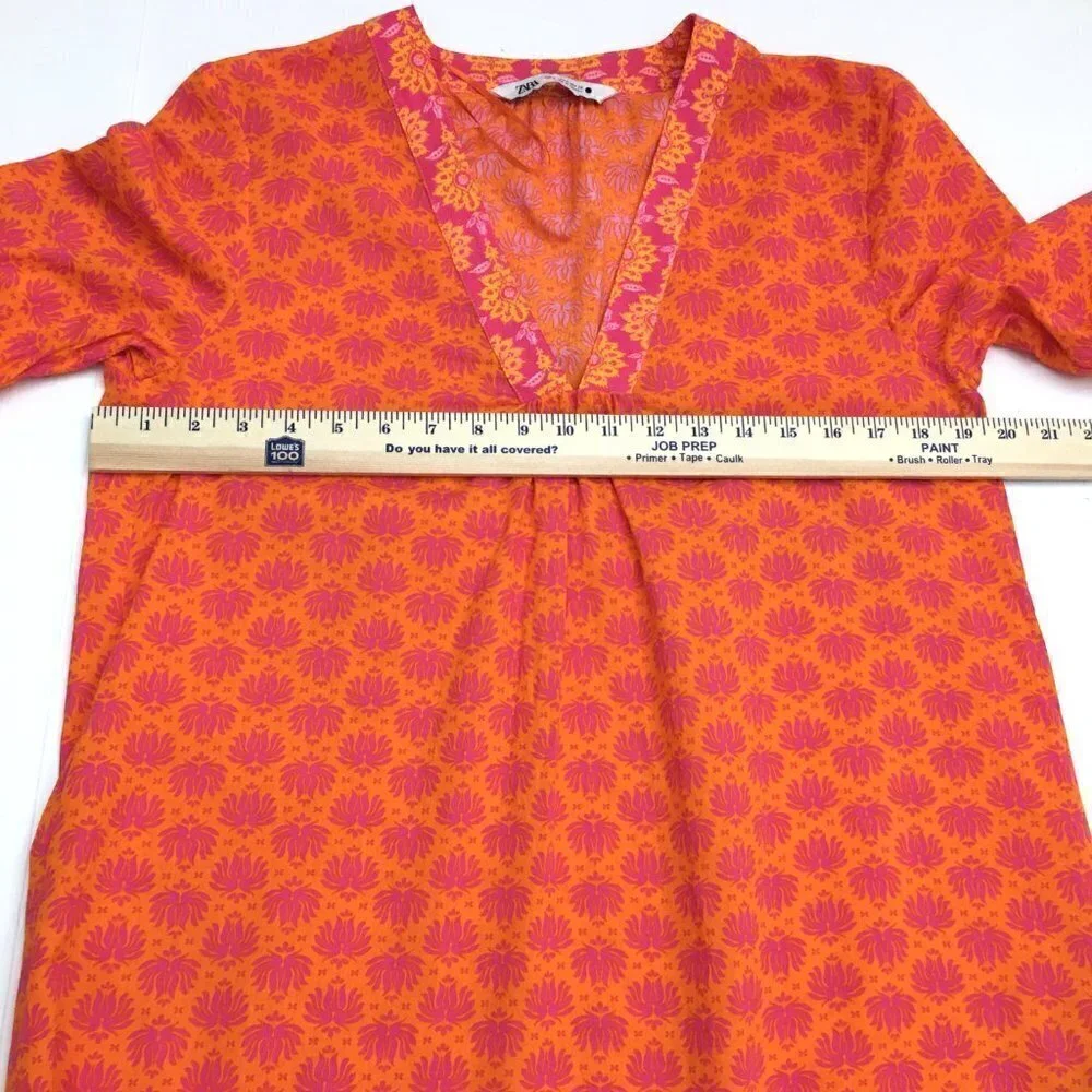 Zara Women's Pink and Orange Print Dress Long Sleeves V-Neck Lightweight size S